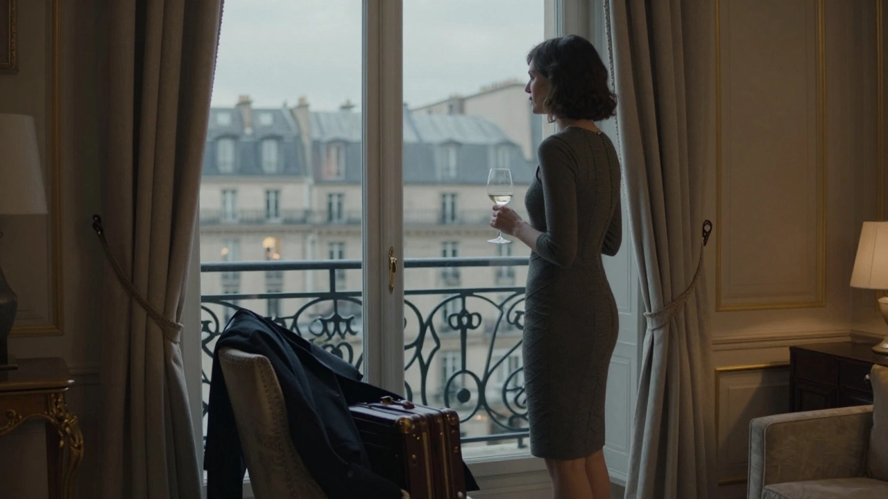 A woman stands by a window in a luxurious Paris apartment, her reflection blending with city lights.