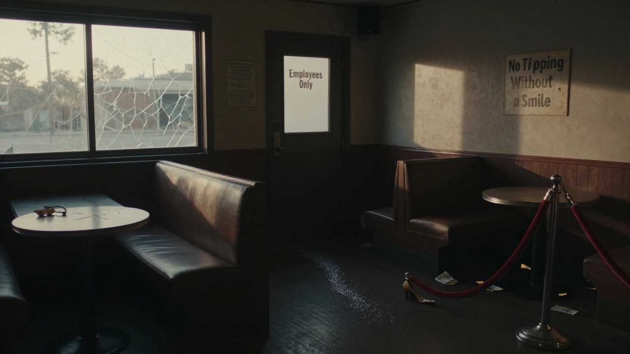 An empty strip club at dawn, a single high heel left on stage, dawn light filtering through broken windows.