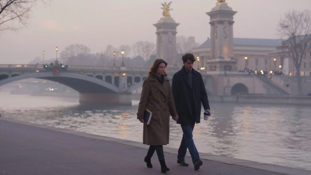 Two people walk along the Seine at dawn, mist rising around them, books and coffee in hand.